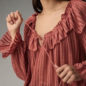 By Anthropologie Boho Ruffle Peasant Off Shoulder Blouse Top Sheer Rose Sz XS